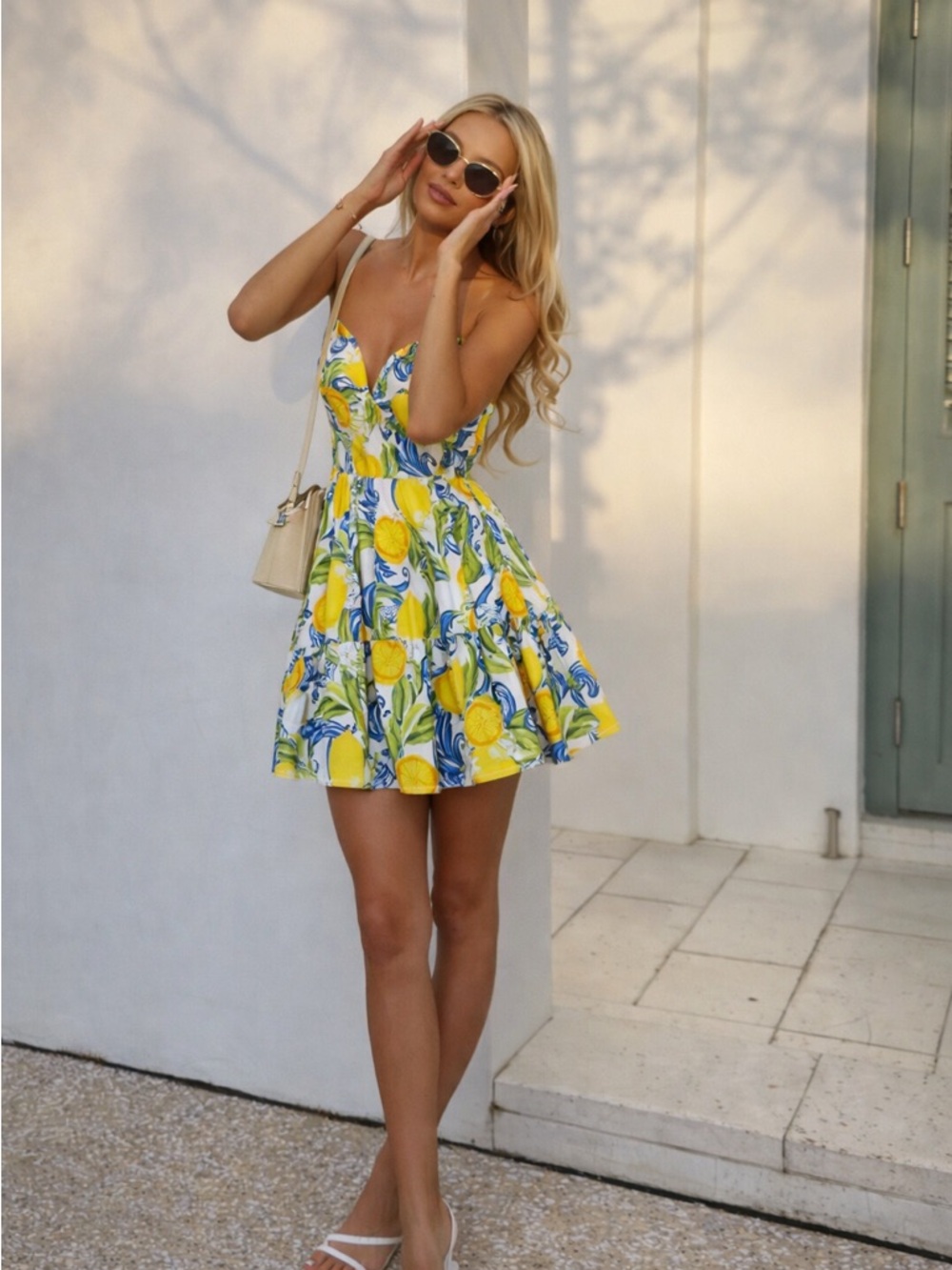 WILA Yellow & Blue Lemon Print Mini Dress